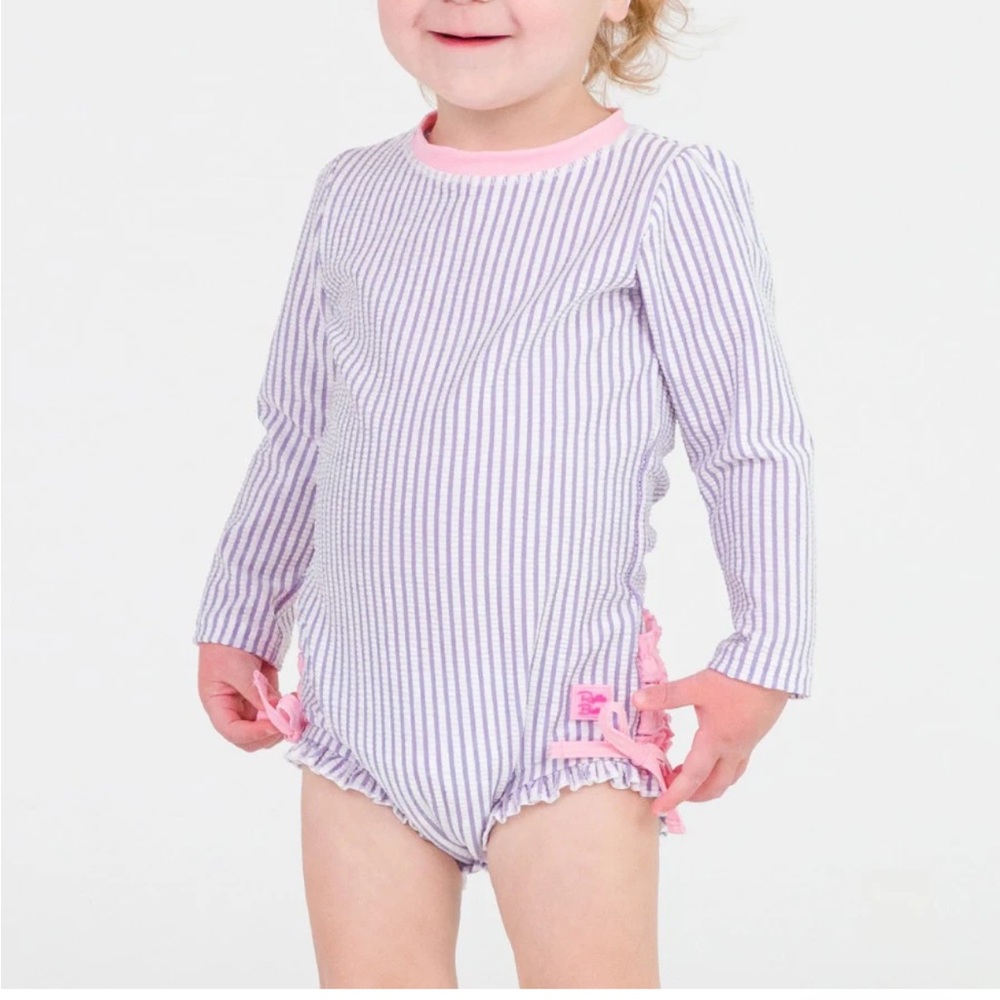Baby Girl’s RuffleButts Seersucker Long Sleeve Rash Guard One Piece Lavender